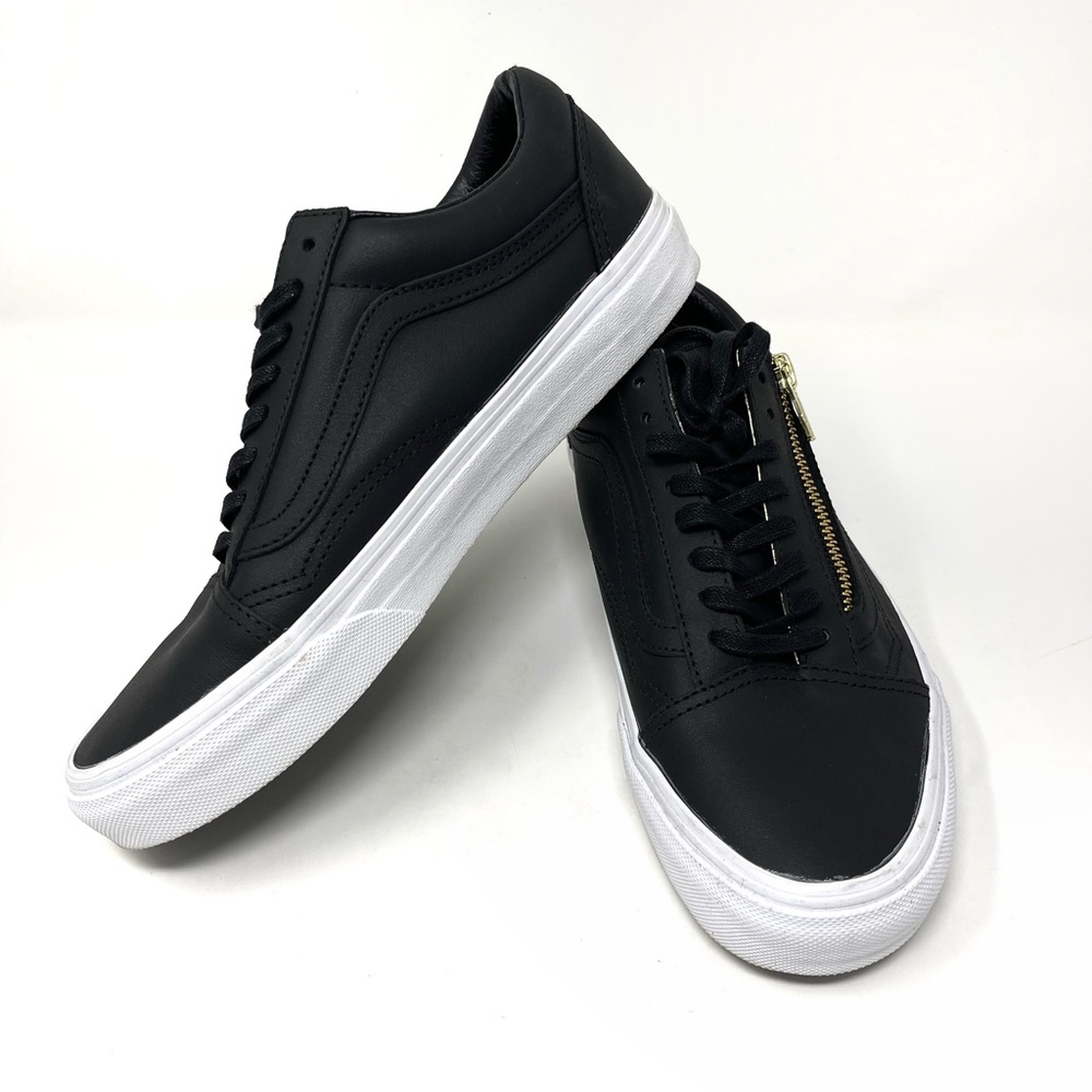 Black Vans Old Skool Leather Sneakers with Gold Zipper Women size 9 Men size 7.5